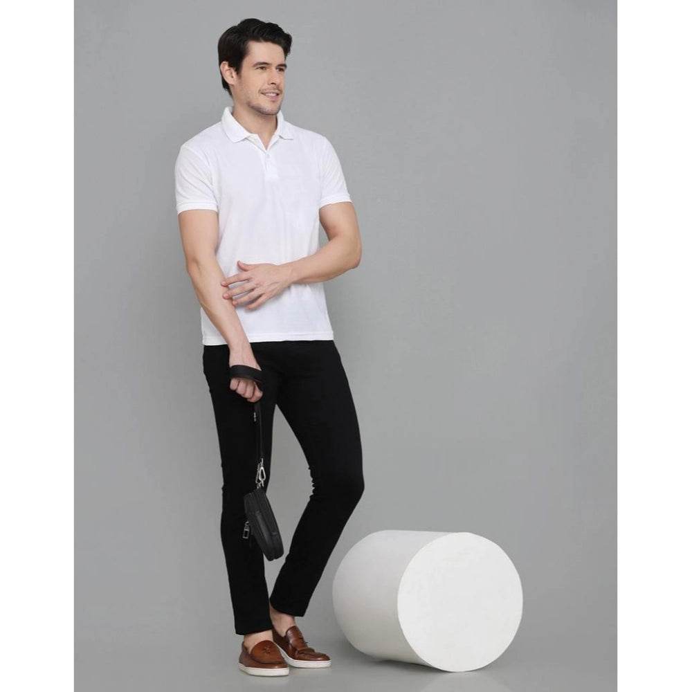 Generic Men's Casual Half Sleeve Solid Cotton Blended Polo Neck T-shirt (White) - MYLUXURY LANE ENTERPRISE
