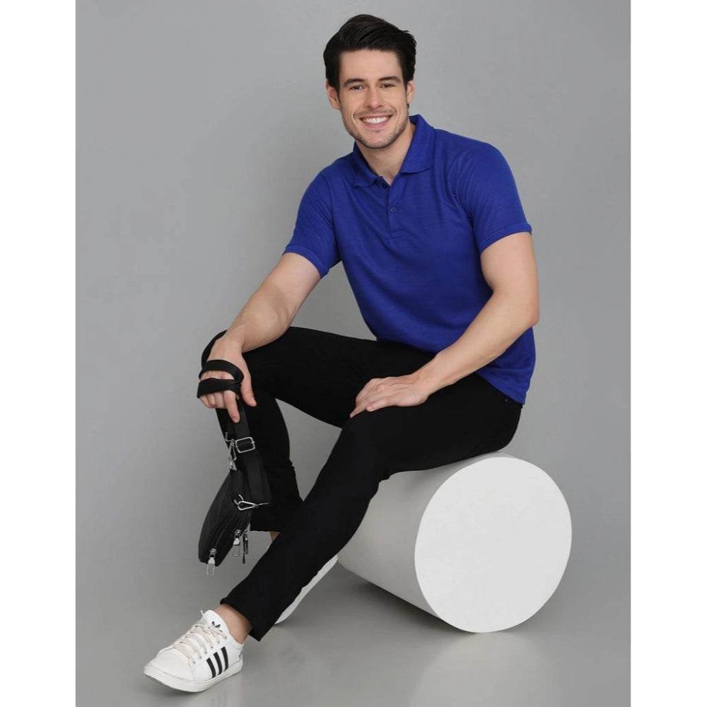 Generic Men's Casual Half Sleeve Solid Cotton Blended Polo Neck T-shirt (Blue) - MYLUXURY LANE ENTERPRISE