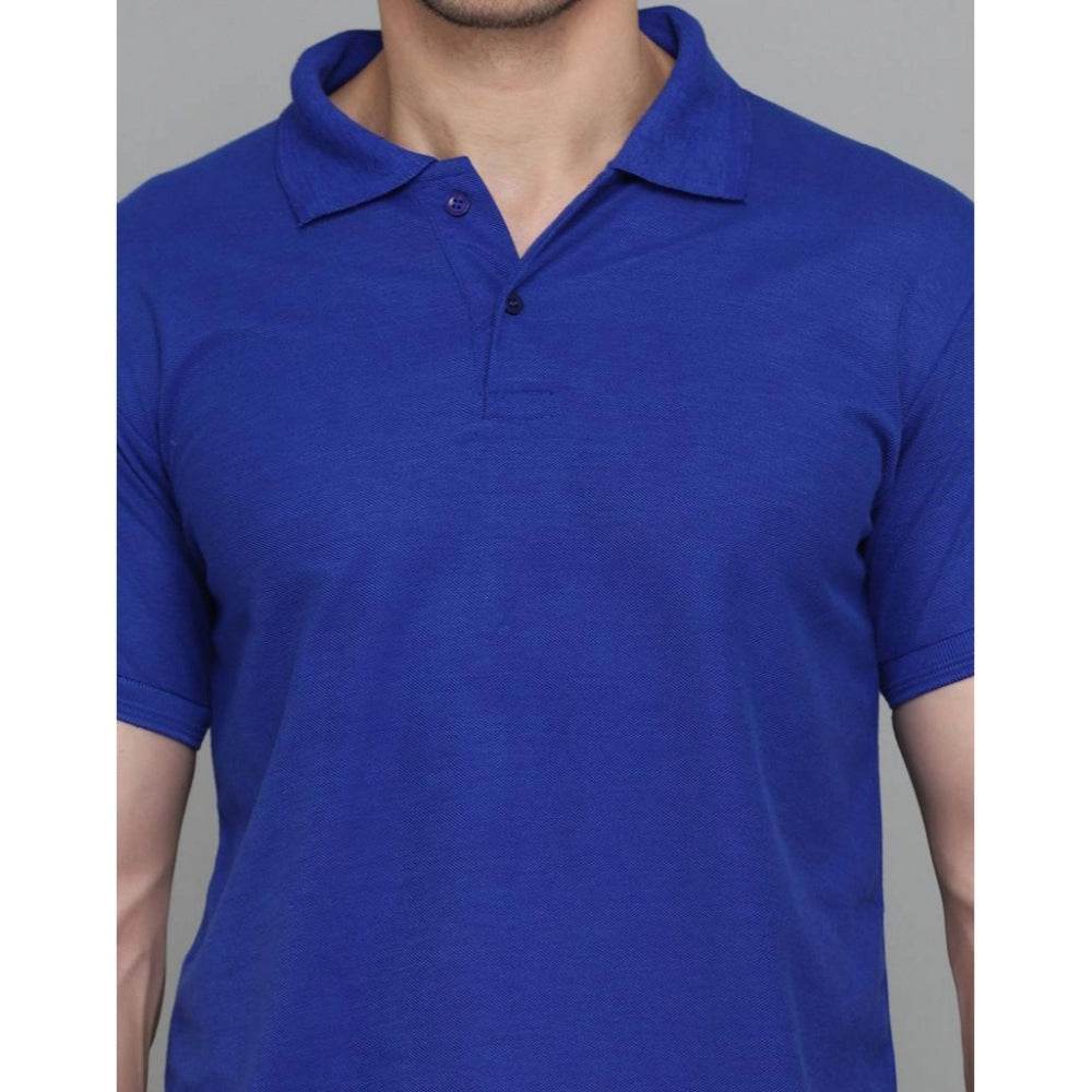 Generic Men's Casual Half Sleeve Solid Cotton Blended Polo Neck T-shirt (Blue) - MYLUXURY LANE ENTERPRISE
