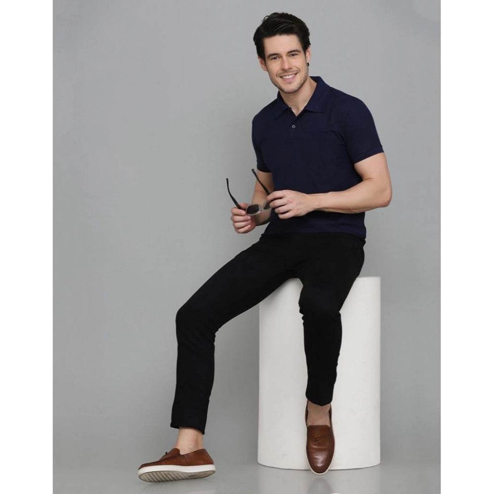 Generic Men's Casual Half Sleeve Solid Cotton Blended Polo Neck T-shirt (Navy Blue) - MYLUXURY LANE ENTERPRISE