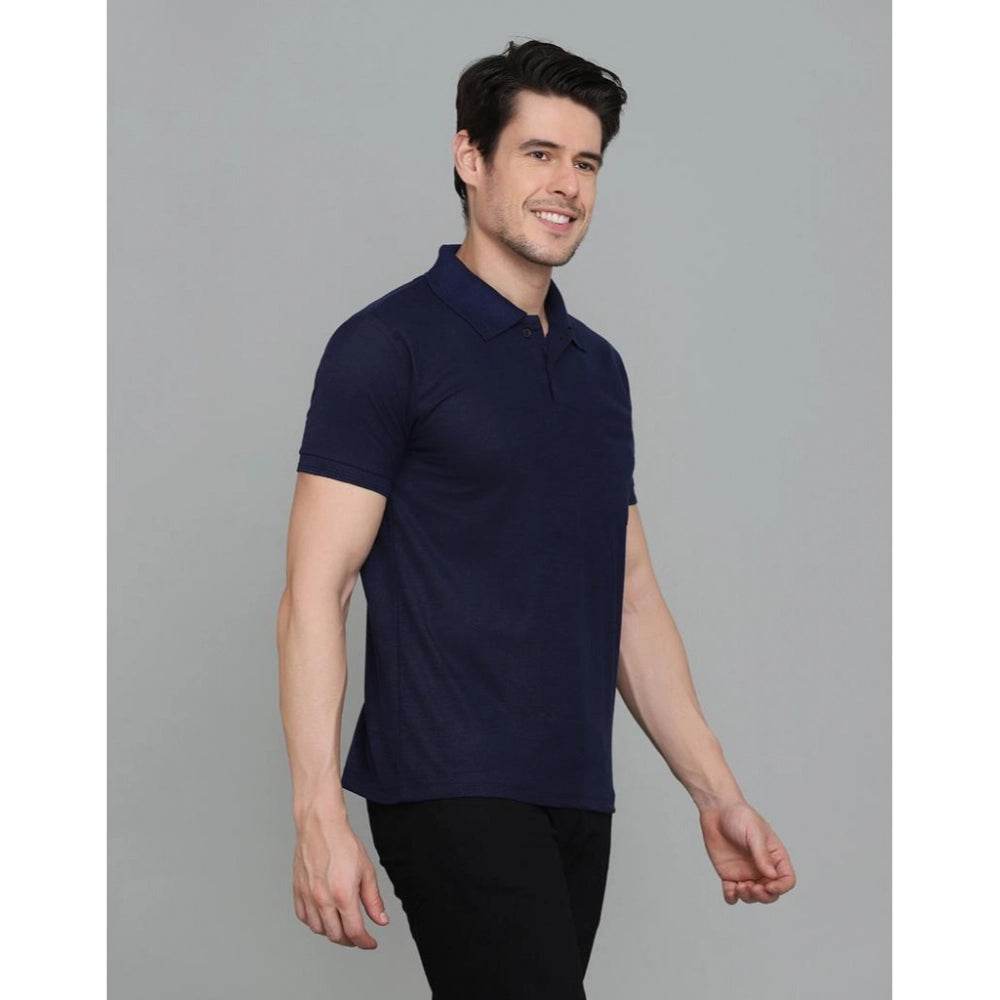 Generic Men's Casual Half Sleeve Solid Cotton Blended Polo Neck T-shirt (Navy Blue) - MYLUXURY LANE ENTERPRISE
