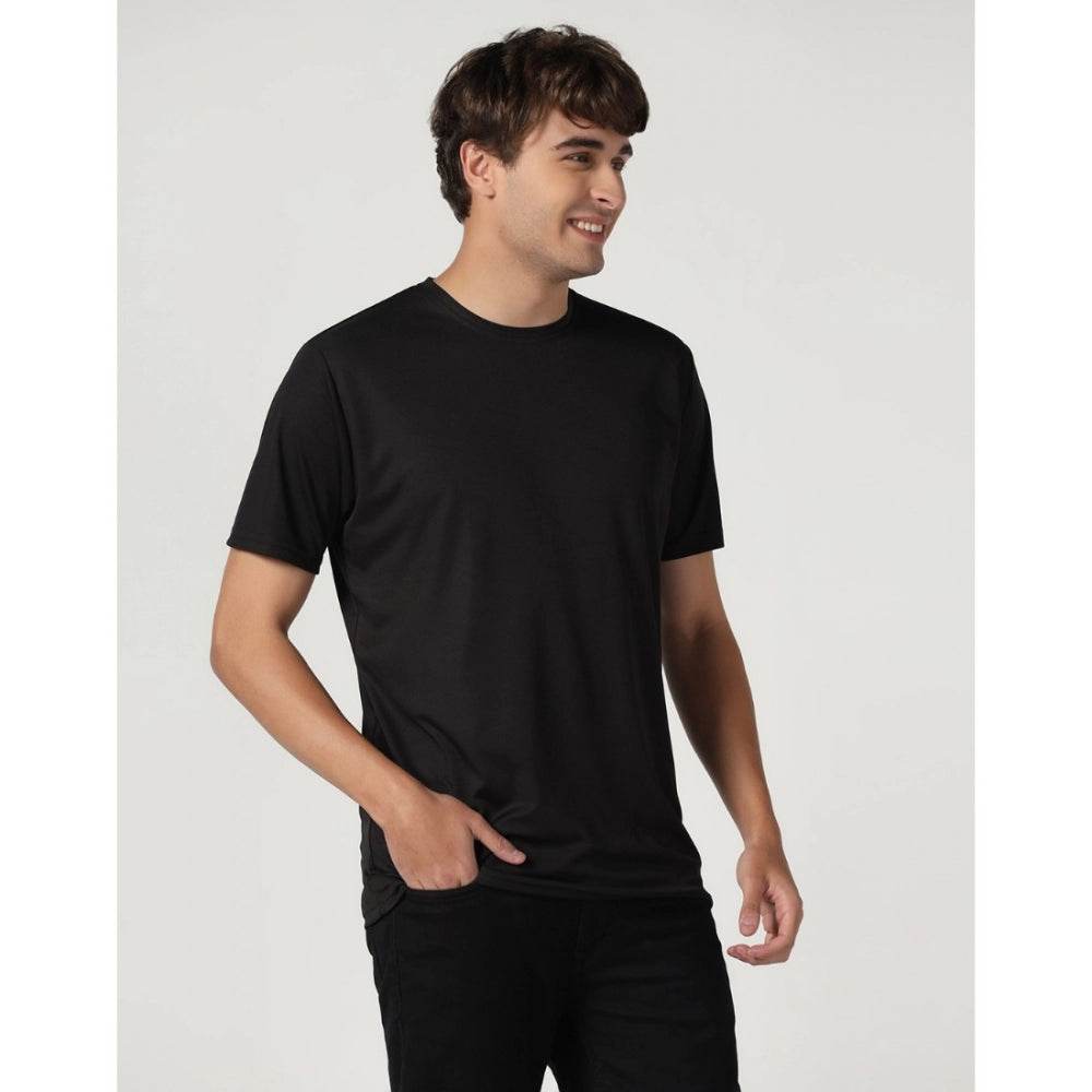 Generic Men's Casual Half Sleeve Solid Polyester Round Neck T-shirt (Black) - MYLUXURY LANE ENTERPRISE