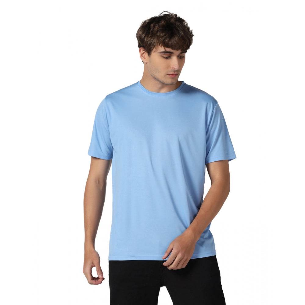 Generic Men's Casual Half Sleeve Solid Polyester Round Neck T-shirt (Sky) - MYLUXURY LANE ENTERPRISE