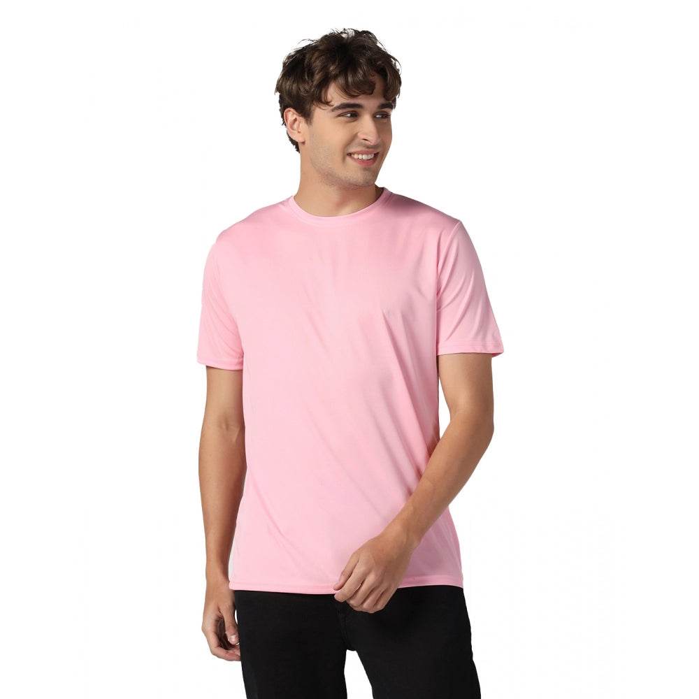 Generic Men's Casual Half Sleeve Solid Polyester Round Neck T-shirt (Pink) - MYLUXURY LANE ENTERPRISE