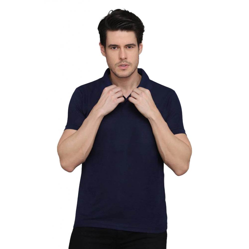 Generic Men's Casual Half Sleeve Solid Cotton Blended Polo Neck T-shirt (Navy Blue) - MYLUXURY LANE ENTERPRISE