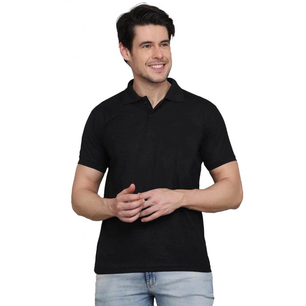Generic Men's Casual Half Sleeve Solid Cotton Blended Polo Neck T-shirt (Black) - MYLUXURY LANE ENTERPRISE