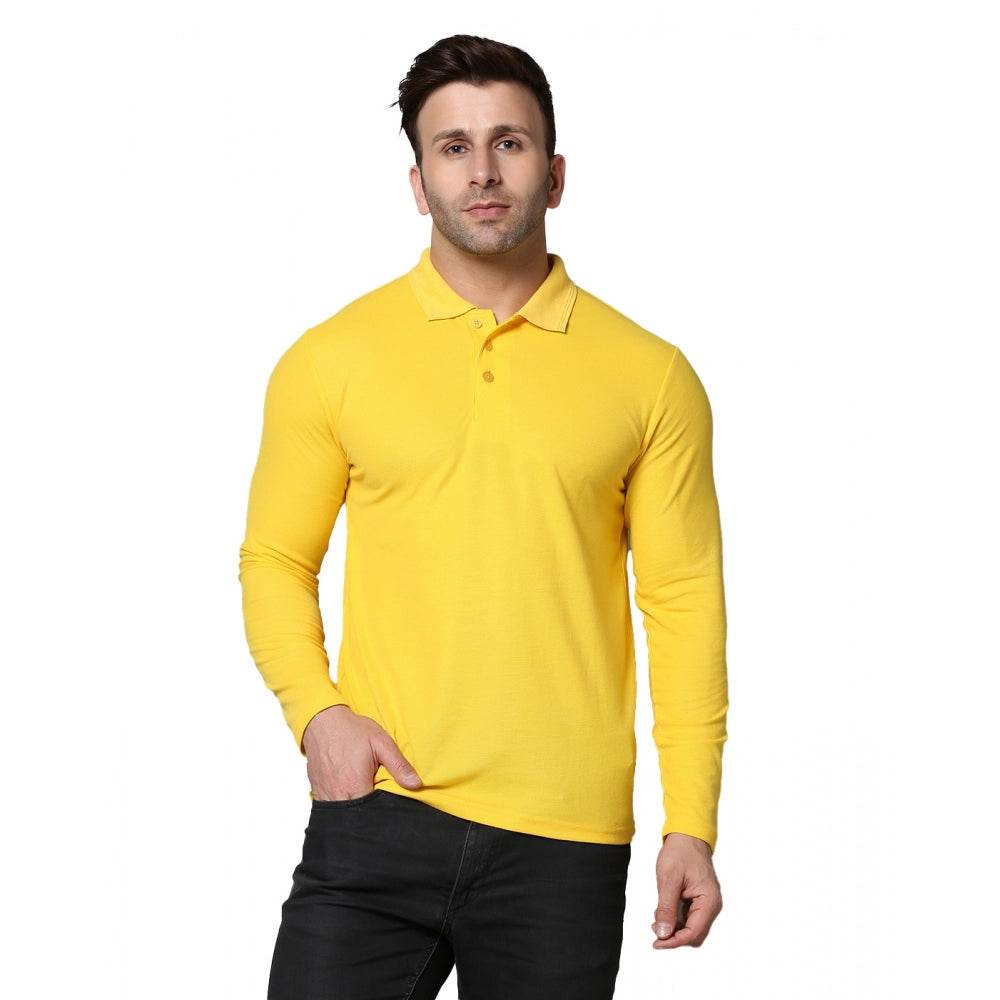 Generic Men's Casual Full Sleeve Solid Cotton Blended Polo Neck T-shirt (Yellow) - MYLUXURY LANE ENTERPRISE