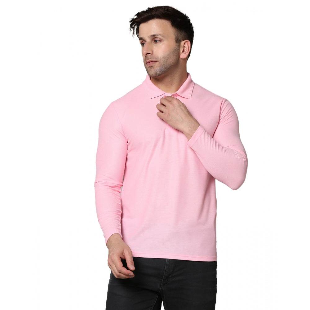 Generic Men's Casual Full Sleeve Solid Cotton Blended Polo Neck T-shirt (Pink) - MYLUXURY LANE ENTERPRISE