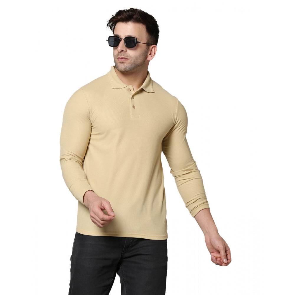 Generic Men's Casual Full Sleeve Solid Cotton Blended Polo Neck T-shirt (Beige) - MYLUXURY LANE ENTERPRISE