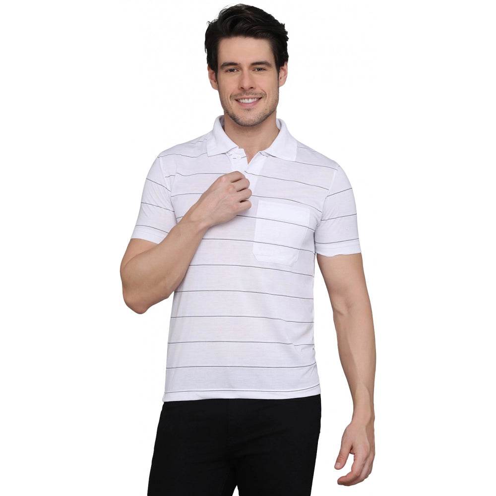 Generic Men's Casual Half Sleeve Striped Cotton Blended Polo Neck T-shirt (White) - MYLUXURY LANE ENTERPRISE
