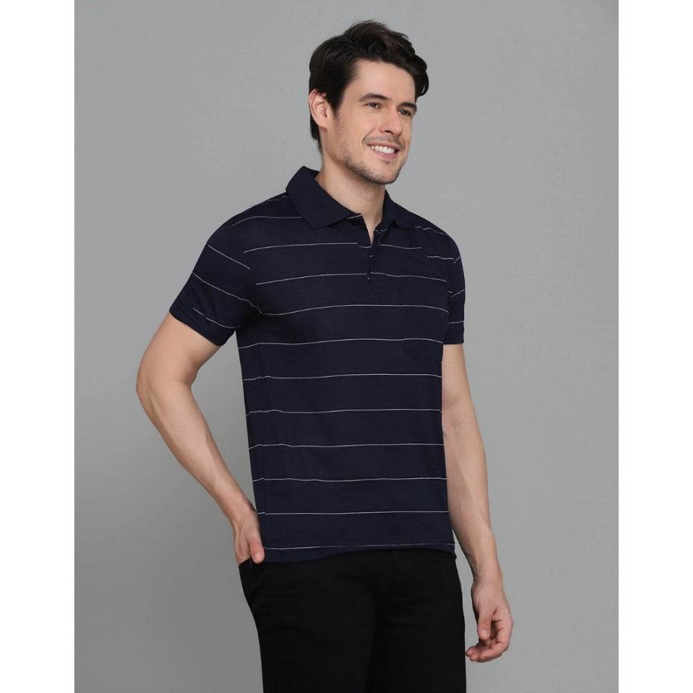 Generic Men's Casual Half Sleeve Striped Cotton Blended Polo Neck T-shirt (Navy) - MYLUXURY LANE ENTERPRISE