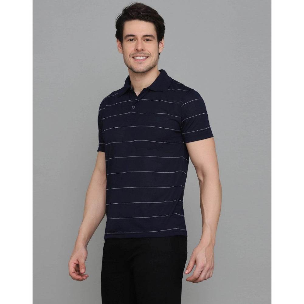 Generic Men's Casual Half Sleeve Striped Cotton Blended Polo Neck T-shirt (Navy) - MYLUXURY LANE ENTERPRISE