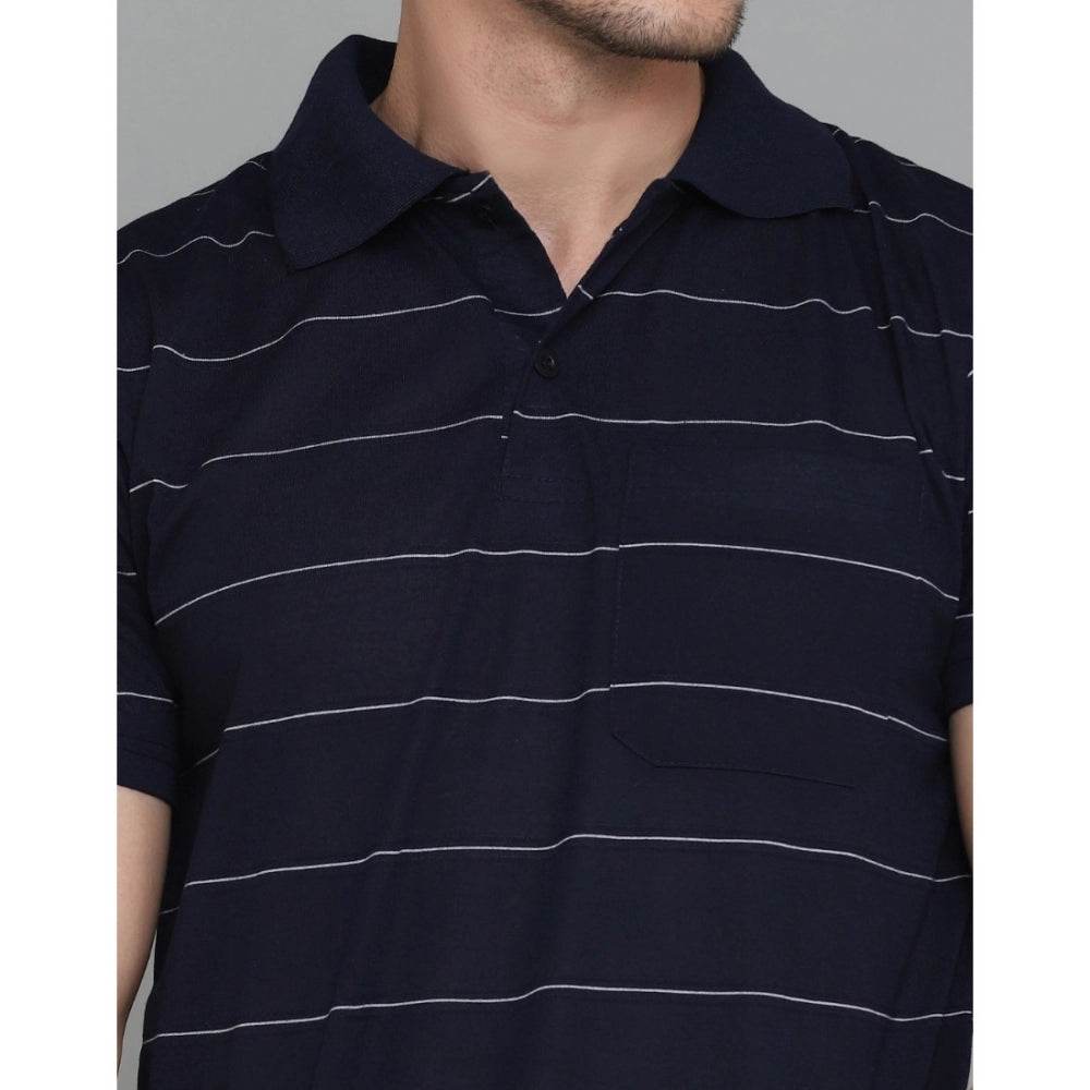 Generic Men's Casual Half Sleeve Striped Cotton Blended Polo Neck T-shirt (Navy) - MYLUXURY LANE ENTERPRISE