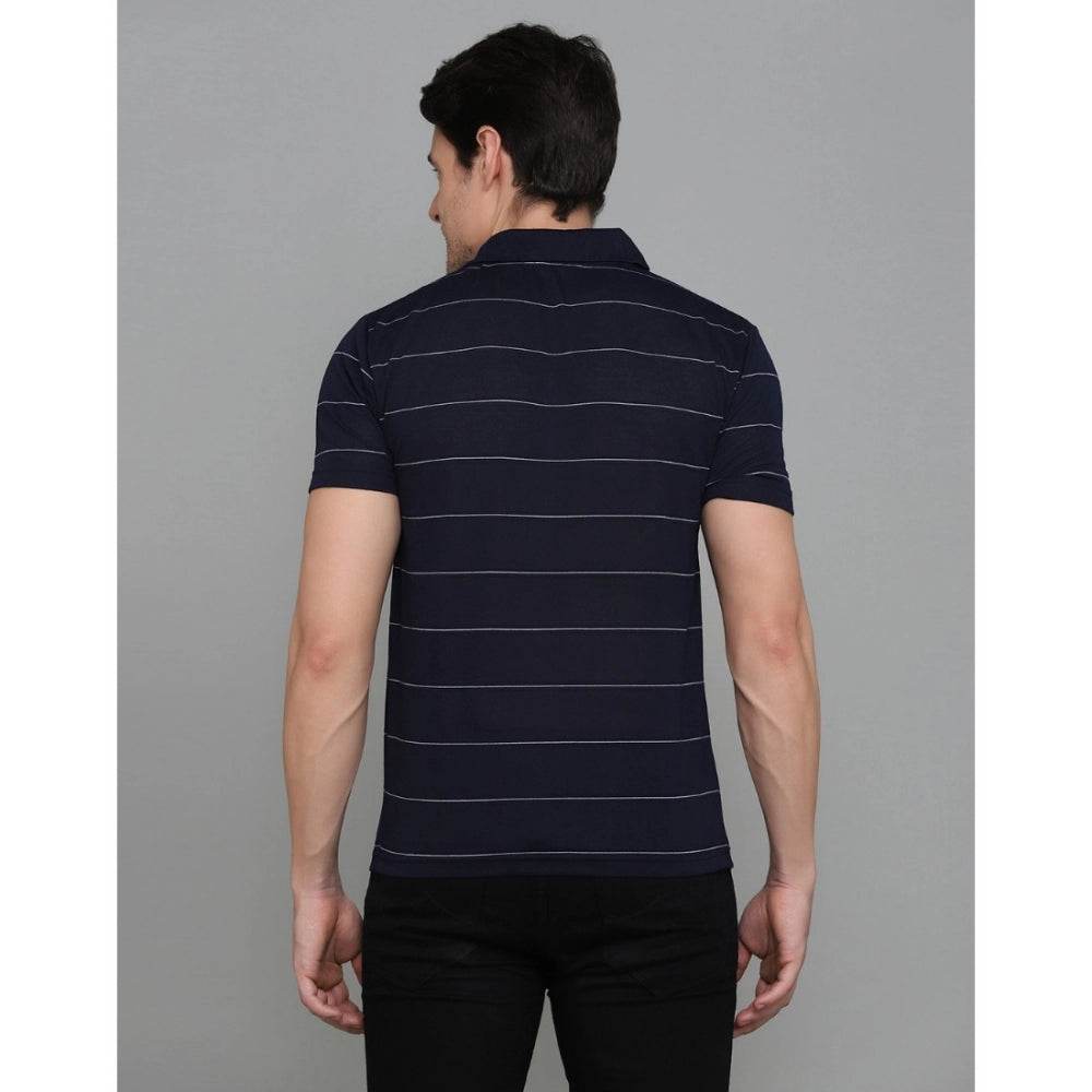 Generic Men's Casual Half Sleeve Striped Cotton Blended Polo Neck T-shirt (Navy) - MYLUXURY LANE ENTERPRISE