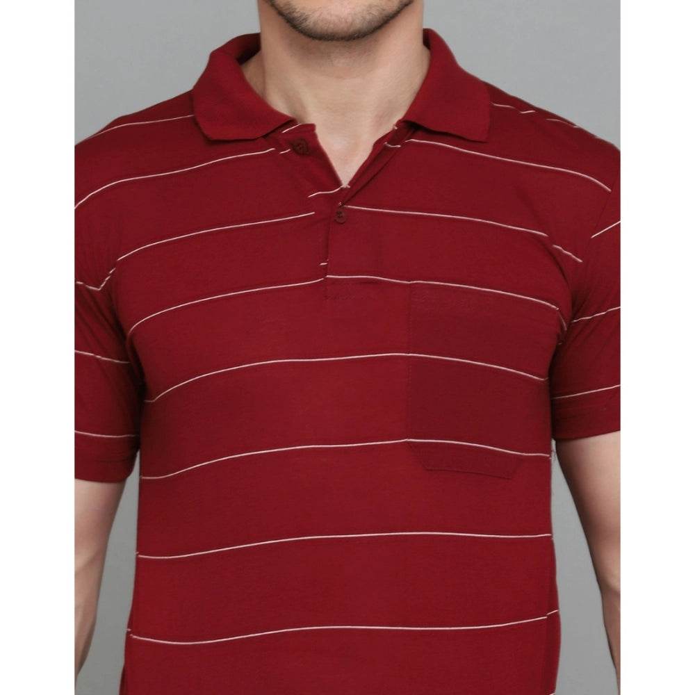Generic Men's Casual Half Sleeve Striped Cotton Blended Polo Neck T-shirt (Maroon) - MYLUXURY LANE ENTERPRISE