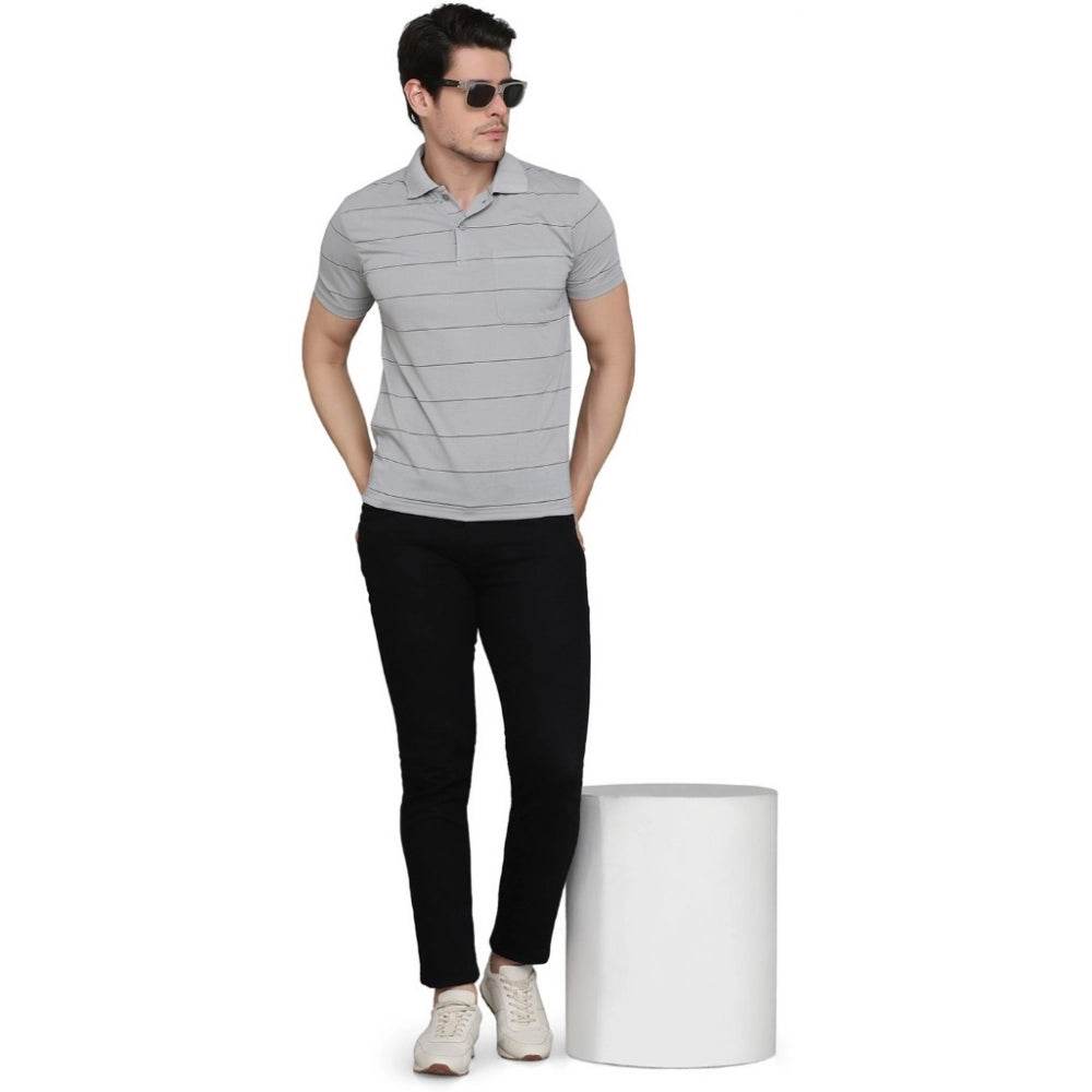Generic Men's Casual Half Sleeve Striped Cotton Blended Polo Neck T-shirt (L.Grey) - MYLUXURY LANE ENTERPRISE