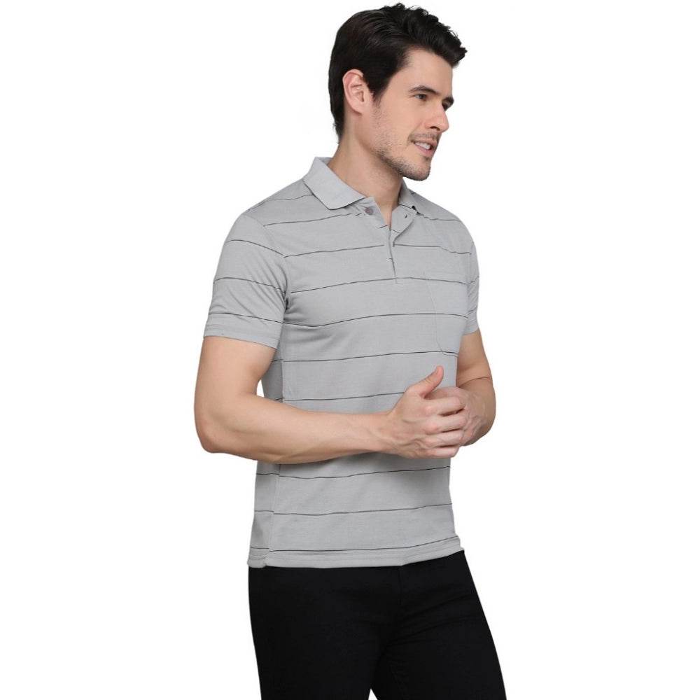 Generic Men's Casual Half Sleeve Striped Cotton Blended Polo Neck T-shirt (L.Grey) - MYLUXURY LANE ENTERPRISE