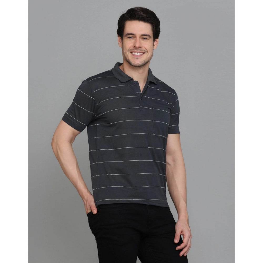 Generic Men's Casual Half Sleeve Striped Cotton Blended Polo Neck T-shirt (Grey) - MYLUXURY LANE ENTERPRISE
