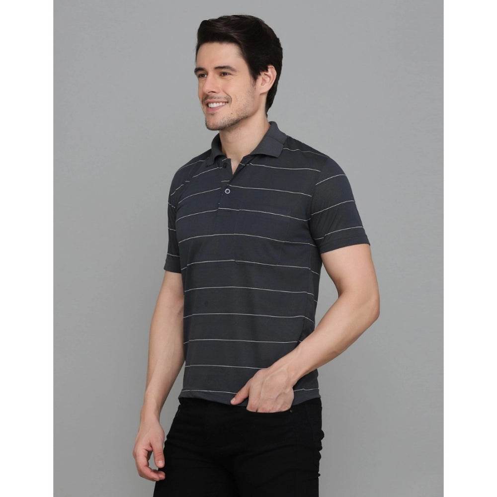 Generic Men's Casual Half Sleeve Striped Cotton Blended Polo Neck T-shirt (Grey) - MYLUXURY LANE ENTERPRISE