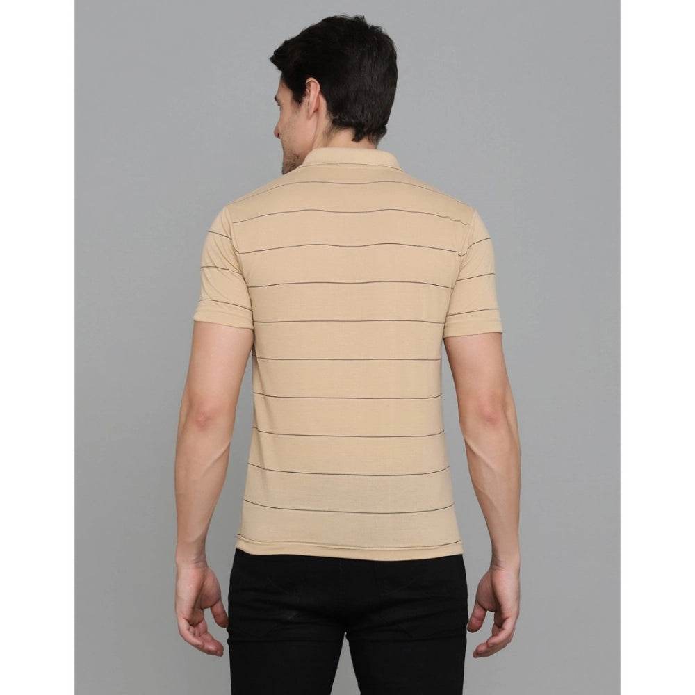 Generic Men's Casual Half Sleeve Striped Cotton Blended Polo Neck T-shirt (L.Beige) - MYLUXURY LANE ENTERPRISE