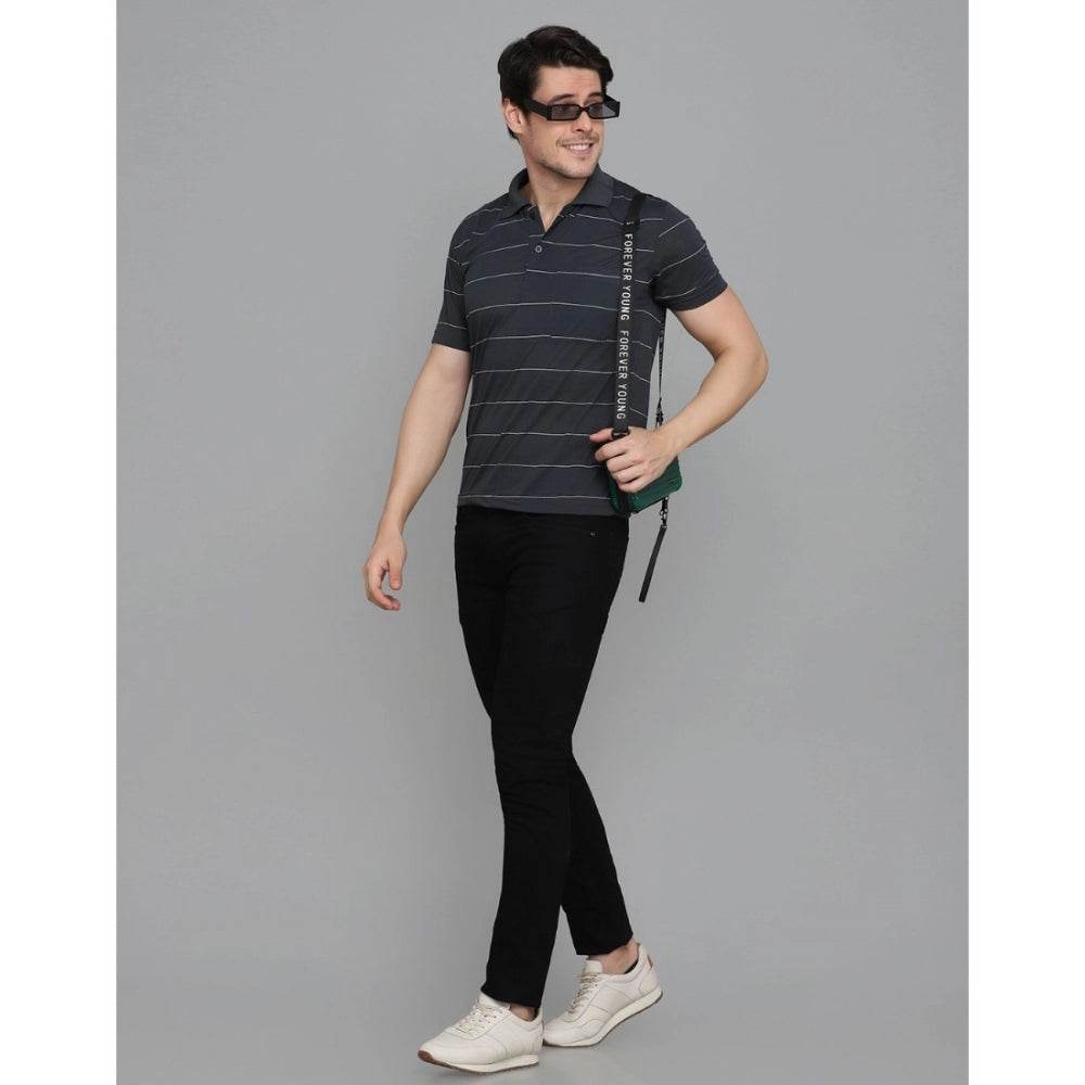 Generic Men's Casual Half Sleeve Striped Cotton Blended Polo Neck T-shirt (Grey) - MYLUXURY LANE ENTERPRISE
