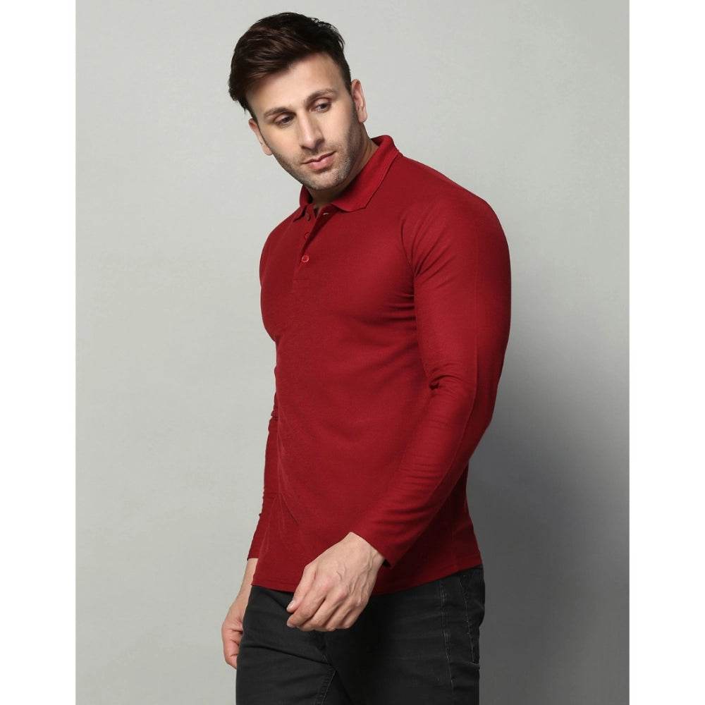 Generic Men's Casual Full Sleeve Solid Cotton Blended Polo Neck T-shirt (Maroon) - MYLUXURY LANE ENTERPRISE
