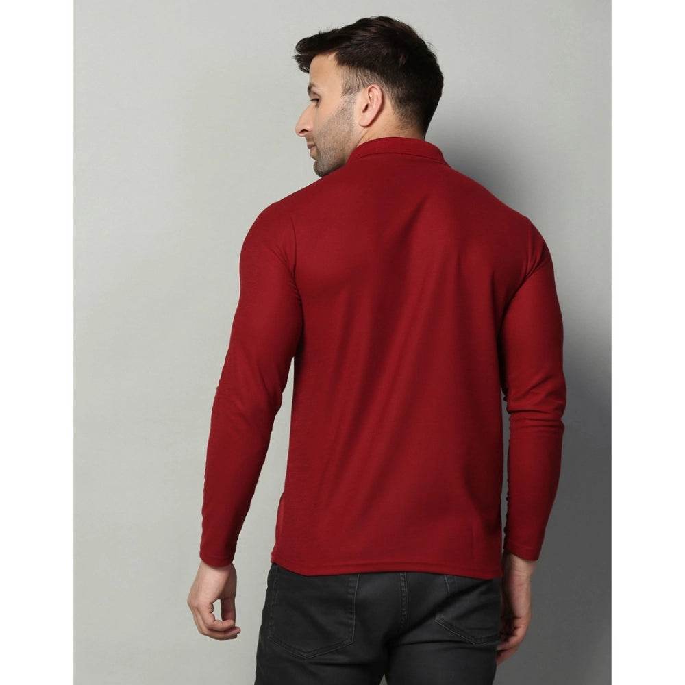 Generic Men's Casual Full Sleeve Solid Cotton Blended Polo Neck T-shirt (Maroon) - MYLUXURY LANE ENTERPRISE