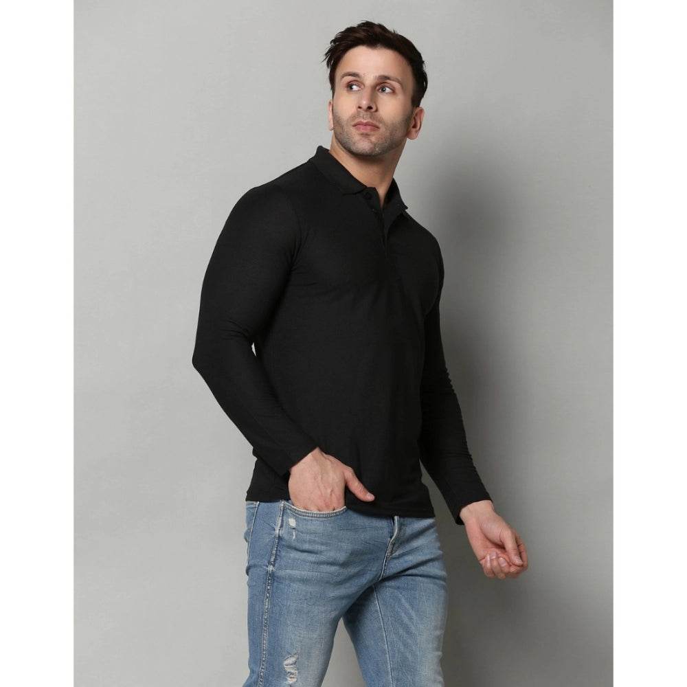 Generic Men's Casual Full Sleeve Solid Cotton Blended Polo Neck T-shirt (Black) - MYLUXURY LANE ENTERPRISE