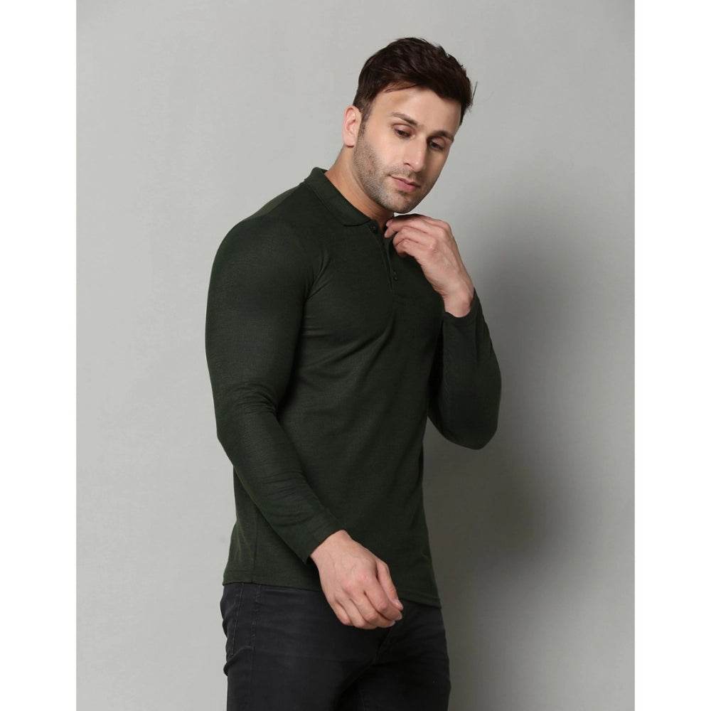 Generic Men's Casual Full Sleeve Solid Cotton Blended Polo Neck T-shirt (B.Green) - MYLUXURY LANE ENTERPRISE
