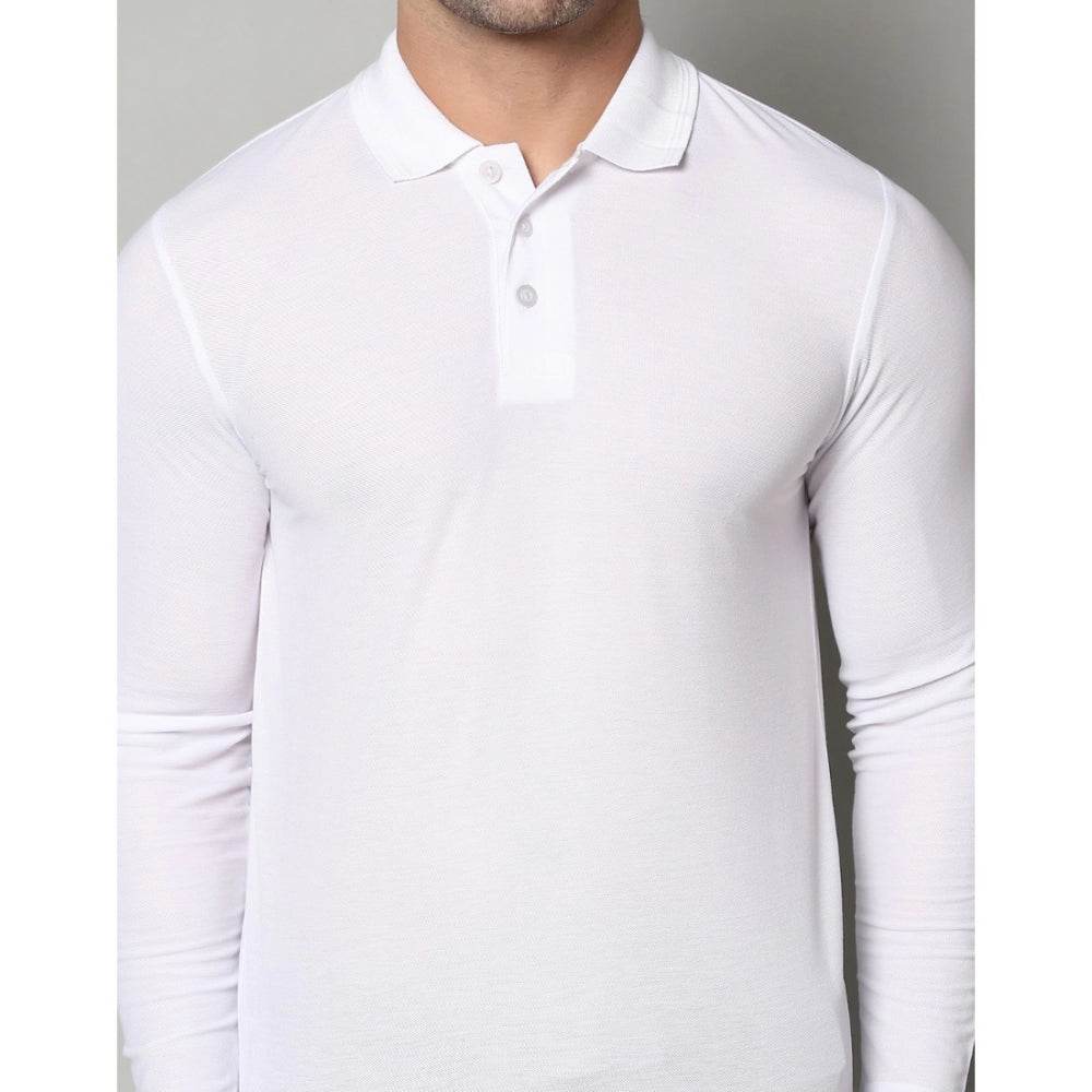 Generic Men's Casual Full Sleeve Solid Cotton Blended Polo Neck T-shirt (White) - MYLUXURY LANE ENTERPRISE