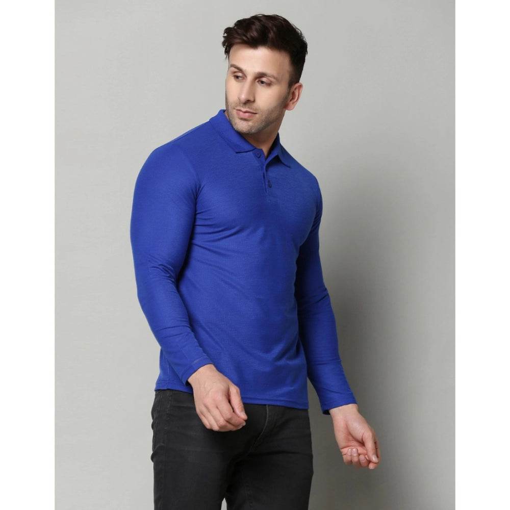 Generic Men's Casual Full Sleeve Solid Cotton Blended Polo Neck T-shirt (Royal) - MYLUXURY LANE ENTERPRISE