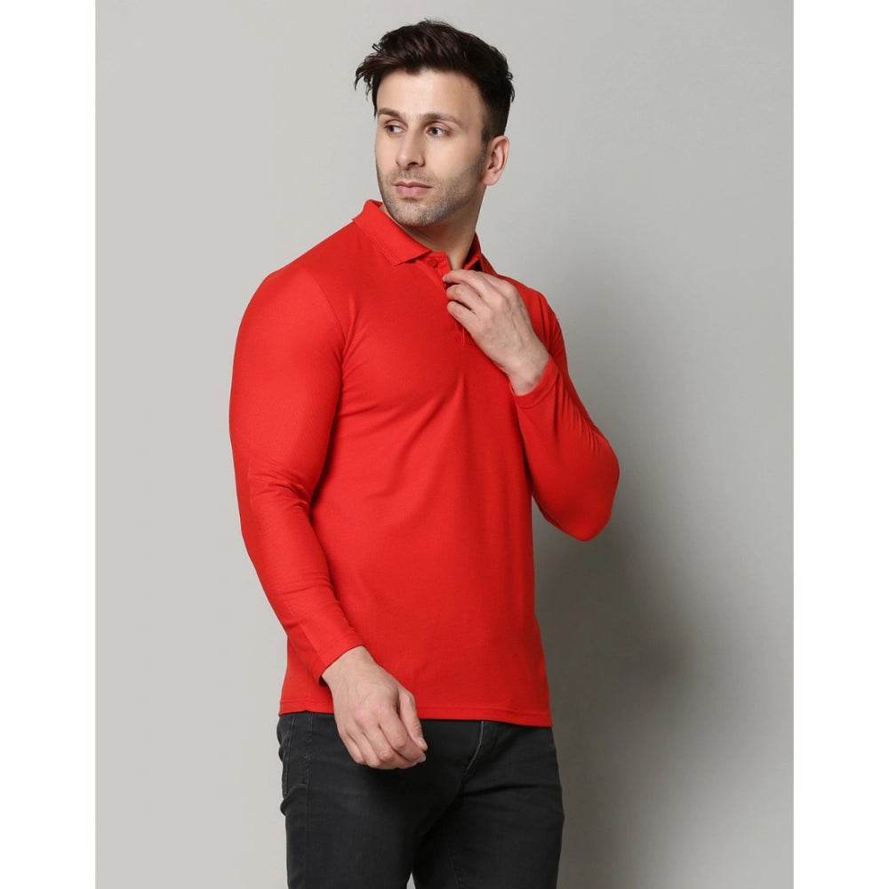 Generic Men's Casual Full Sleeve Solid Cotton Blended Polo Neck T-shirt (Red) - MYLUXURY LANE ENTERPRISE