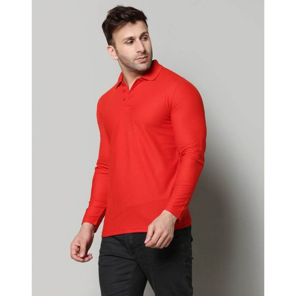 Generic Men's Casual Full Sleeve Solid Cotton Blended Polo Neck T-shirt (Red) - MYLUXURY LANE ENTERPRISE