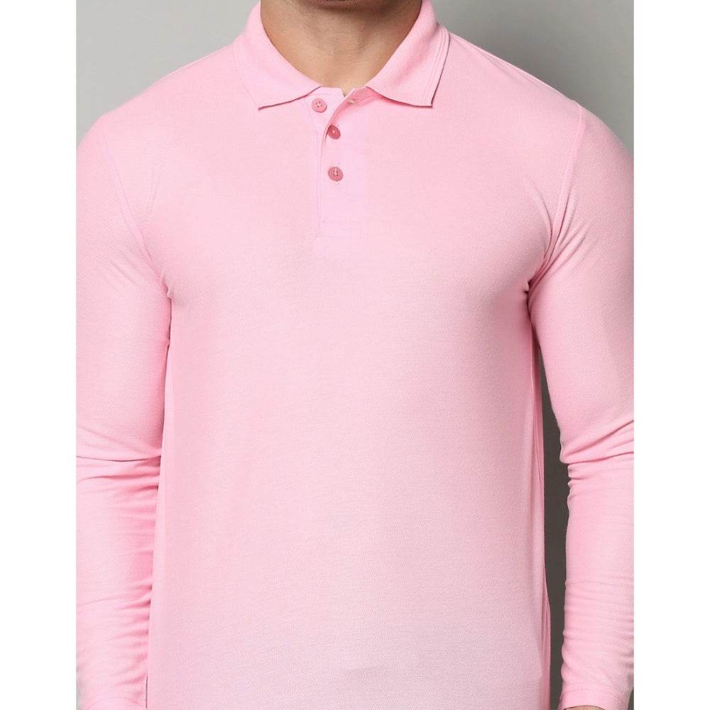 Generic Men's Casual Full Sleeve Solid Cotton Blended Polo Neck T-shirt (Pink) - MYLUXURY LANE ENTERPRISE
