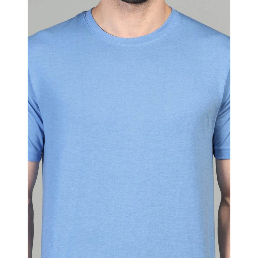 Generic Men's Casual Half Sleeve Solid Cotton Blended Round Neck T-shirt (Sky) - MYLUXURY LANE ENTERPRISE