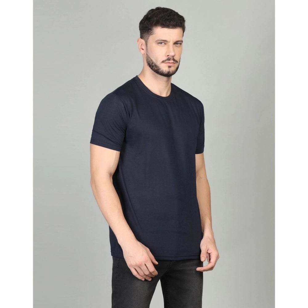 Generic Men's Casual Half Sleeve Solid Cotton Blended Round Neck T-shirt (Dark Blue) - MYLUXURY LANE ENTERPRISE