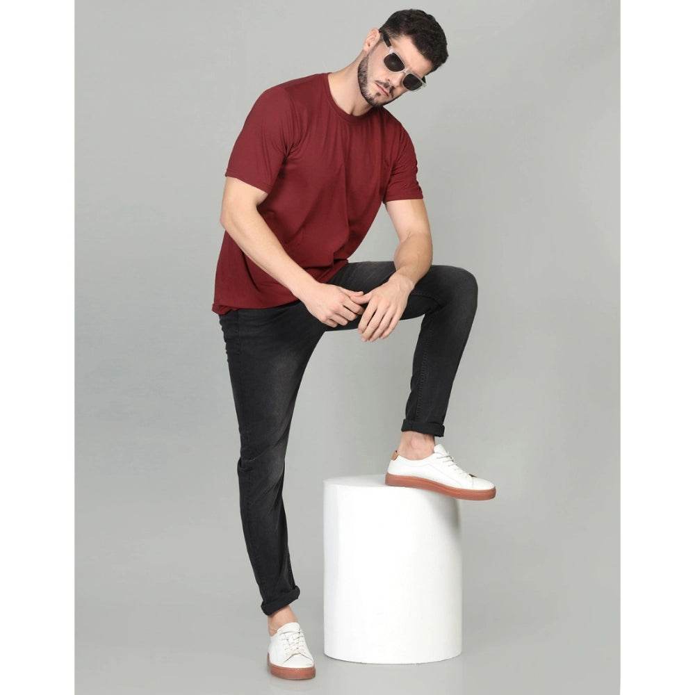 Generic Men's Casual Half Sleeve Solid Cotton Blended Round Neck T-shirt (Maroon) - MYLUXURY LANE ENTERPRISE