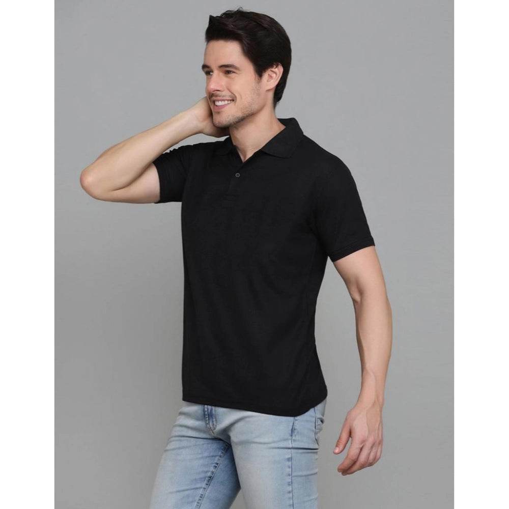 Generic Men's Casual Half Sleeve Solid Cotton Blended Polo Neck T-shirt (Black) - MYLUXURY LANE ENTERPRISE