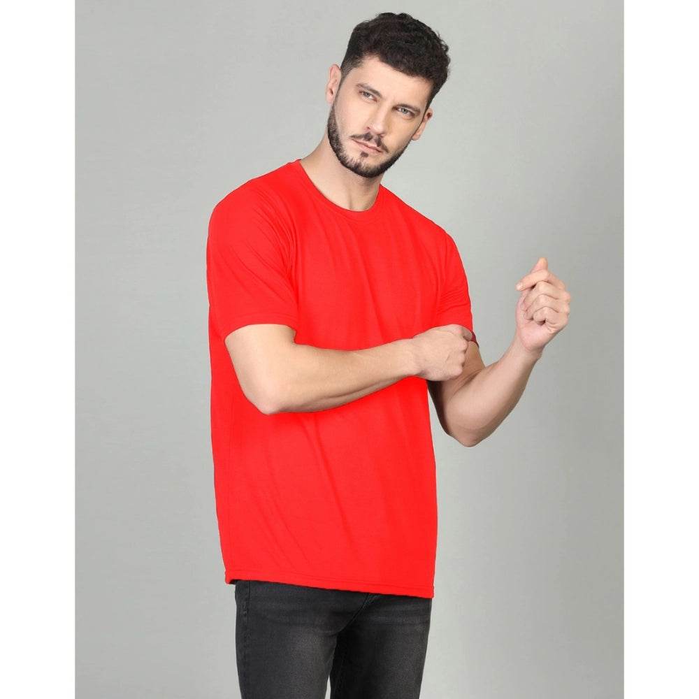 Generic Men's Casual Half Sleeve Solid Cotton Blended Round Neck T-shirt (Red) - MYLUXURY LANE ENTERPRISE