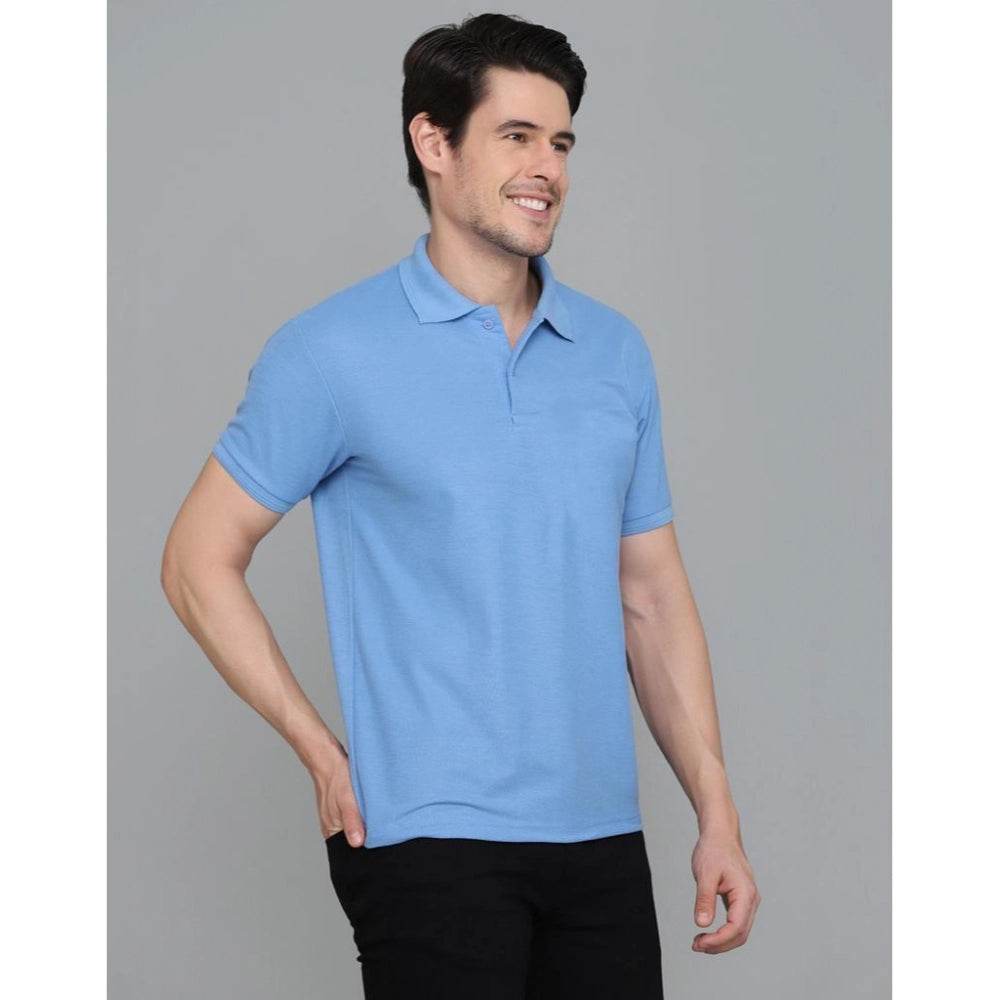 Generic Men's Casual Half Sleeve Solid Cotton Blended Polo Neck T-shirt (Blue) - MYLUXURY LANE ENTERPRISE