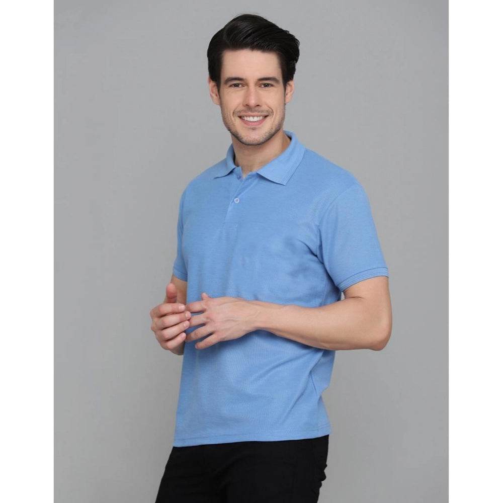 Generic Men's Casual Half Sleeve Solid Cotton Blended Polo Neck T-shirt (Blue) - MYLUXURY LANE ENTERPRISE