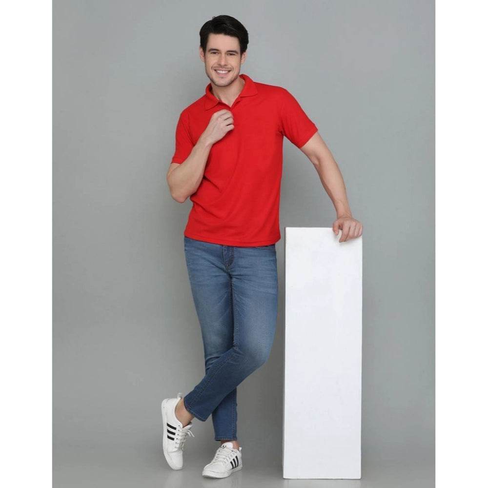 Generic Men's Casual Half Sleeve Solid Cotton Blended Polo Neck T-shirt (Red) - MYLUXURY LANE ENTERPRISE