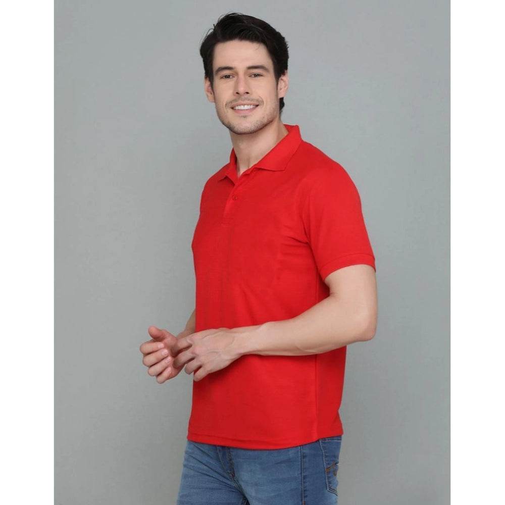 Generic Men's Casual Half Sleeve Solid Cotton Blended Polo Neck T-shirt (Red) - MYLUXURY LANE ENTERPRISE