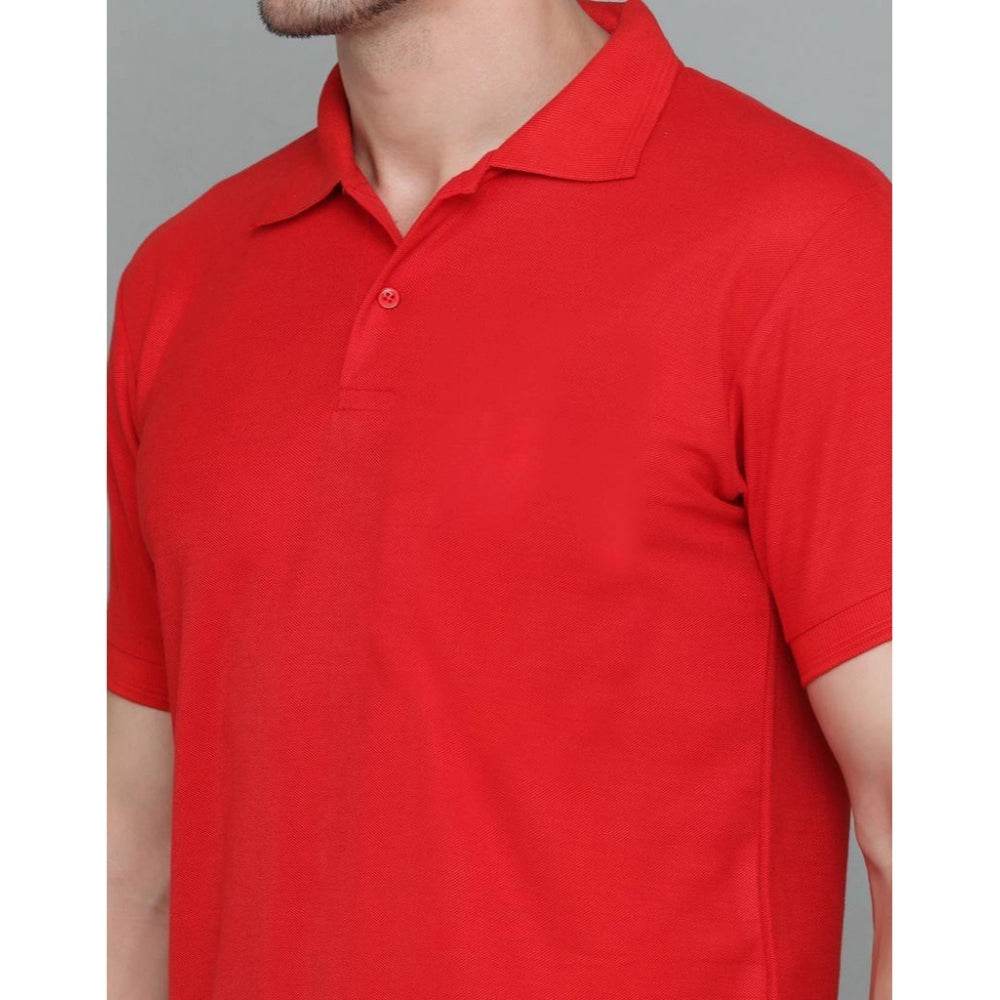 Generic Men's Casual Half Sleeve Solid Cotton Blended Polo Neck T-shirt (Red) - MYLUXURY LANE ENTERPRISE