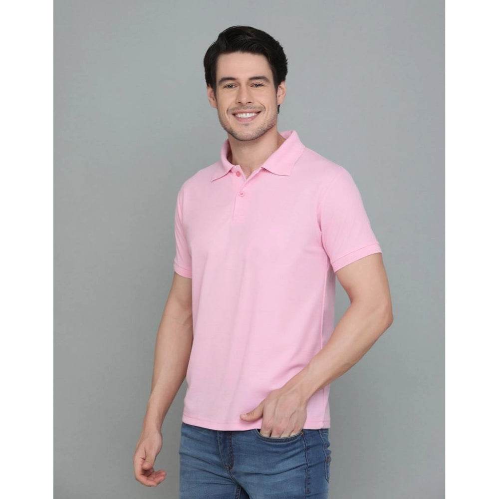 Generic Men's Casual Half Sleeve Solid Cotton Blended Polo Neck T-shirt (Pink) - MYLUXURY LANE ENTERPRISE