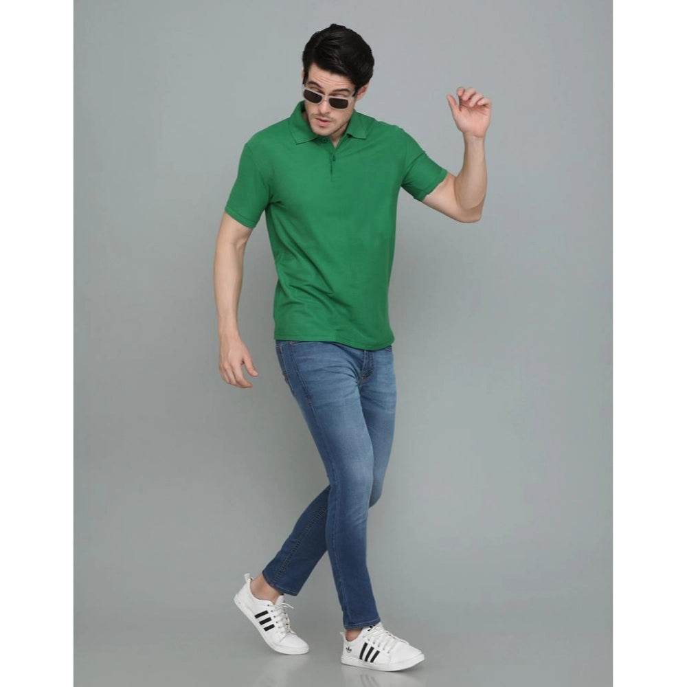 Generic Men's Casual Half Sleeve Solid Cotton Blended Polo Neck T-shirt (Green) - MYLUXURY LANE ENTERPRISE