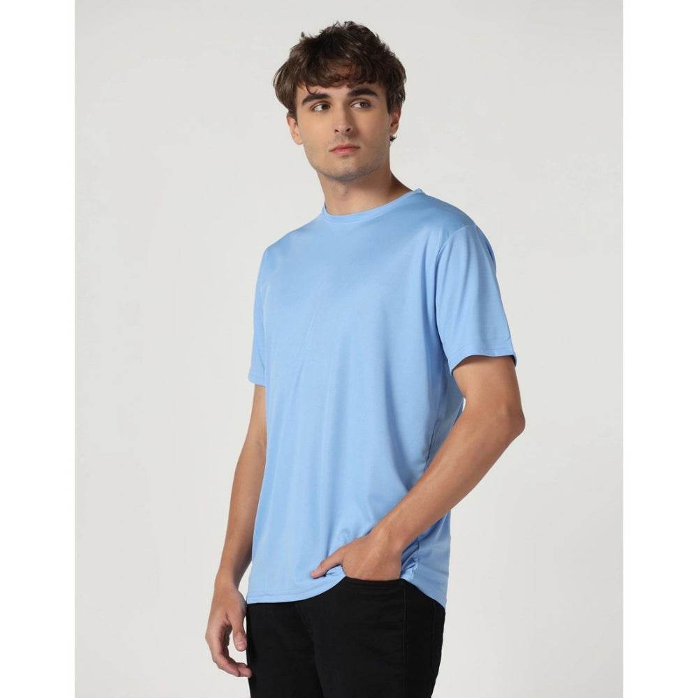 Generic Men's Casual Half Sleeve Solid Polyester Round Neck T-shirt (Sky) - MYLUXURY LANE ENTERPRISE