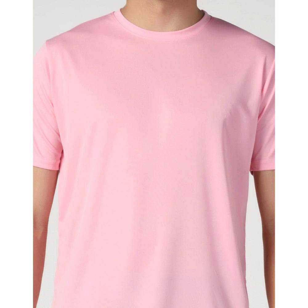 Generic Men's Casual Half Sleeve Solid Polyester Round Neck T-shirt (Pink) - MYLUXURY LANE ENTERPRISE