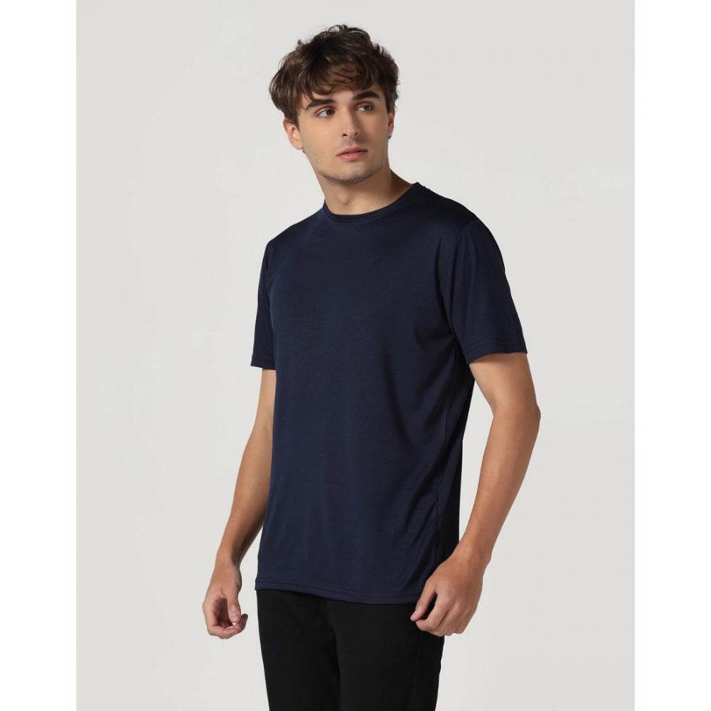 Generic Men's Casual Half Sleeve Solid Polyester Round Neck T-shirt (Navy) - MYLUXURY LANE ENTERPRISE