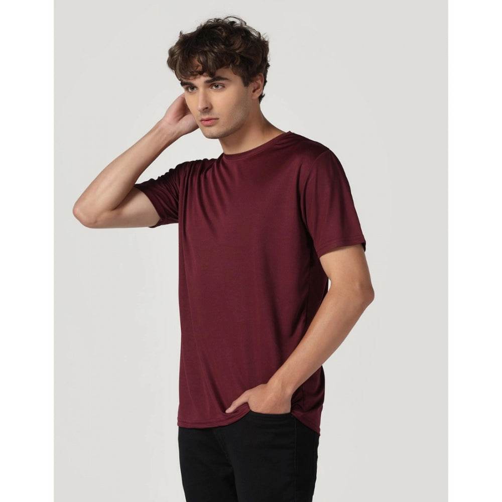 Generic Men's Casual Half Sleeve Solid Polyester Round Neck T-shirt (Maron) - MYLUXURY LANE ENTERPRISE